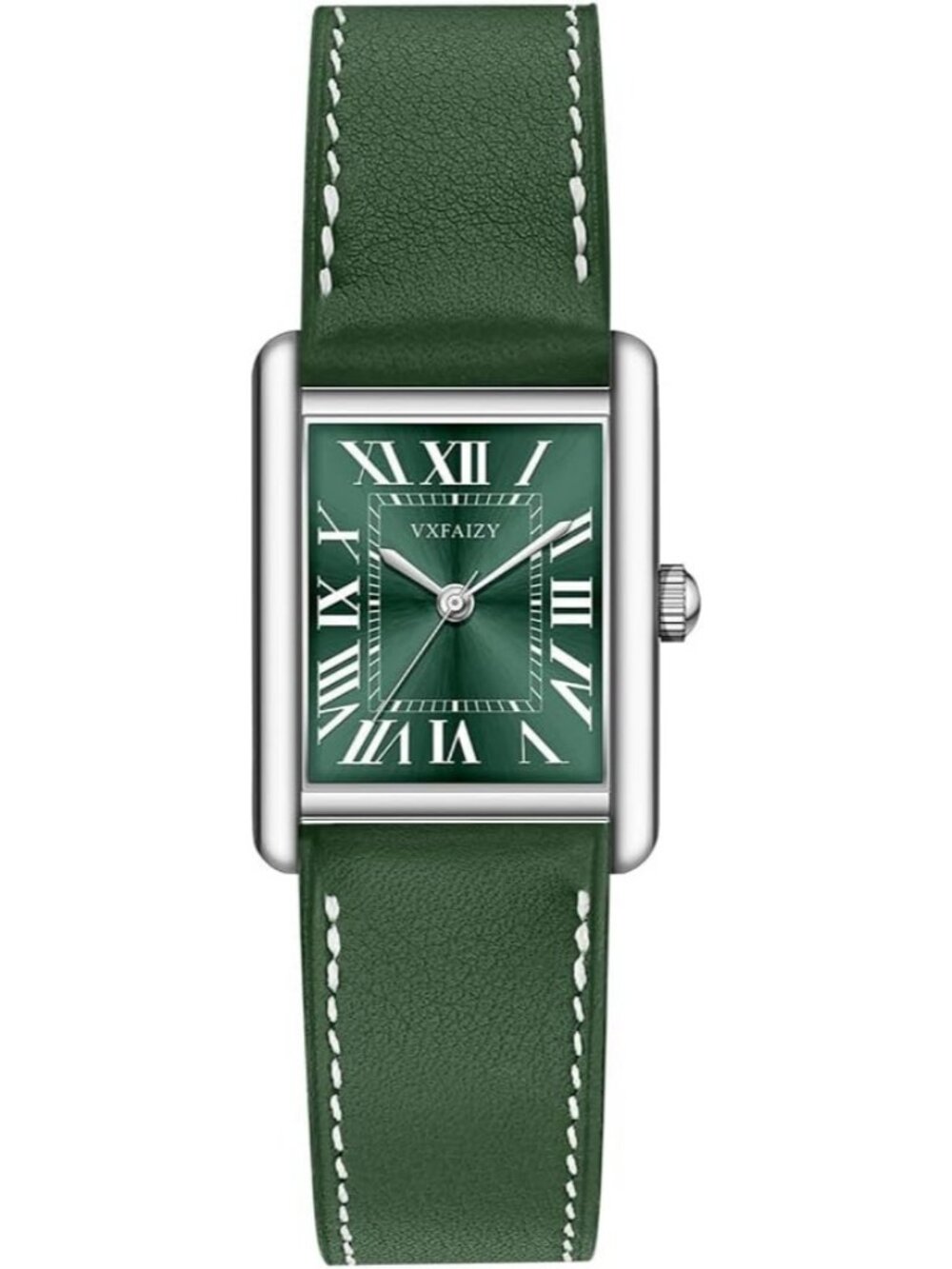 Women's Green Silver Vintage Roman Number Genuine Leather Strap Wrist Watches